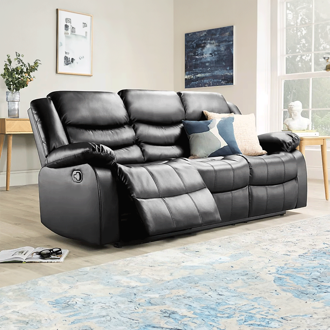 Roma Leather Recliner Sofa 3 Seater Black