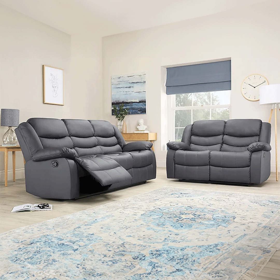 Roma Leather Recliner Sofa 3+2 Seater Grey