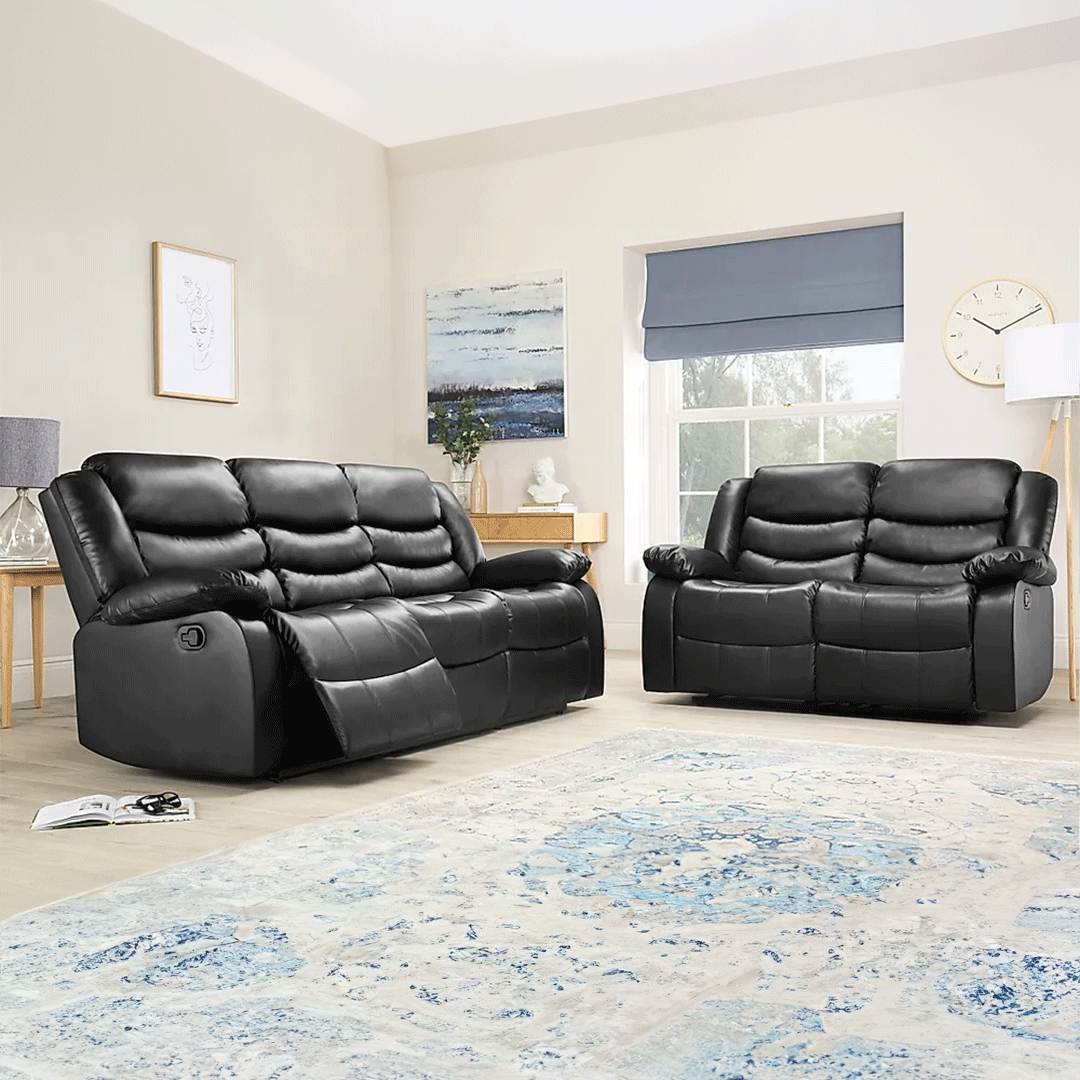 Roma Leather Recliner Sofa 3+2 Seater Black