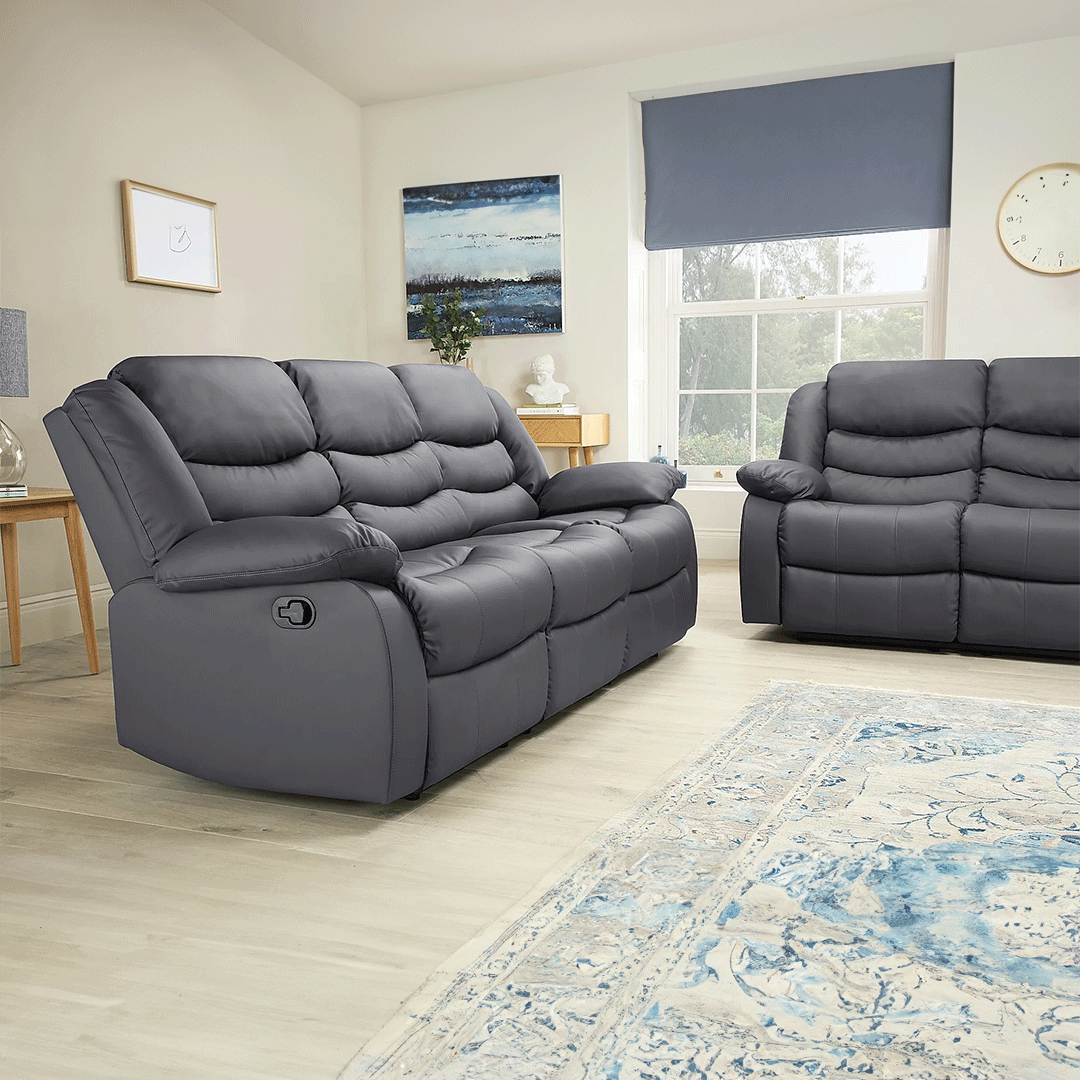 Roma Leather Recliner Sofa 3 Seater Grey
