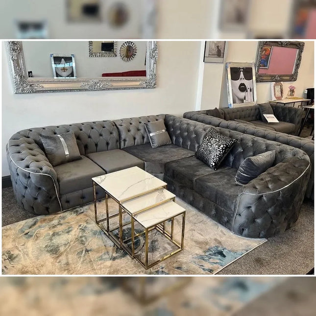 Toronto Grey Plush Velvet Chesterfield Corner Sofa Suite