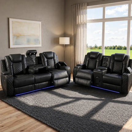 Emilay Leather Electric Recliner 3+2 Seater Sofa with Cooling Cupholders, Wireless Charging, LED Lights, USB-A & USB-C Ports (Black, Grey & Cream)