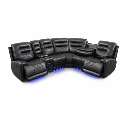 Halifax Leather Electric Recliner Corner Sofa with Bluetooth Speakers, Wireless Charger, USB Ports & LED Lights ( Grey, Black, and Brown)