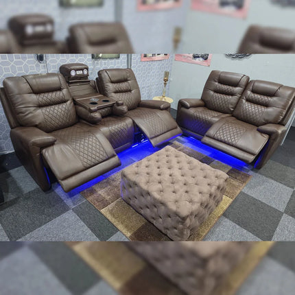 Halifax Leather Electric Recliner Sofa Set With Cupholders - 3+2 Seater Sofa - LED Lights - Wireless Charging - USB Charging Ports (Grey, Black & Brown 3+2 Seater)