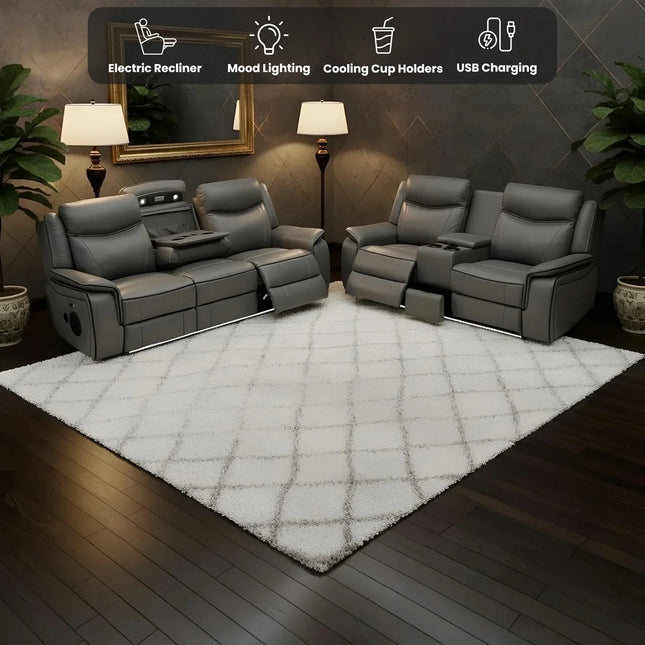 Parada Leather Electric Recliner Sofa 3+2 Seater-Bluetooth/USB/C-Type/Led/Cooling-Heating Cup Holders