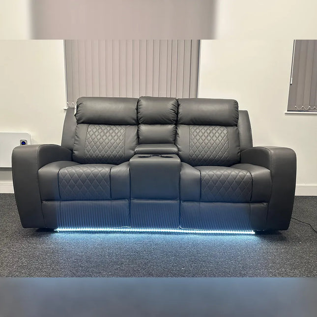 Texas Leather Electric Recliner Sofa Set 3+2 Seater with Cup Holders, LED Lights, Storage, USB Charging Ports, Type-C Charging & Wireless Charging (3+2 Seater, Black & Grey)