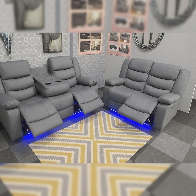 Roma Leather Recliner Sofa 3+2-Seater With USB/LED/Cup Holder Black/Grey