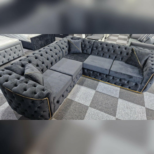 Toronto Chesterfield Corner Sofa Black & Gold - Envogue Furniture