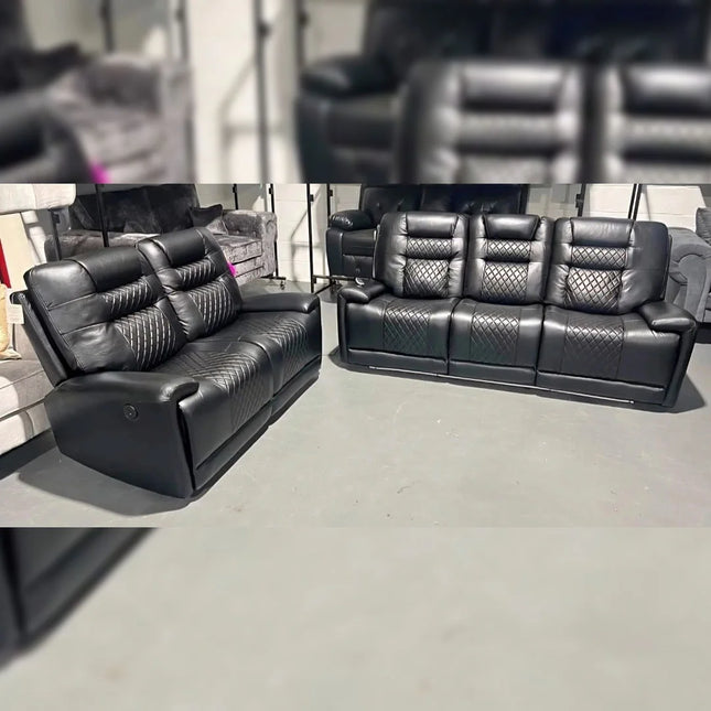 Halifax Leather Electric Recliner Sofa Set With Cupholders - 3+2 Seater Sofa - LED Lights - Wireless Charging - USB Charging Ports (Grey, Black & Brown 3+2 Seater)