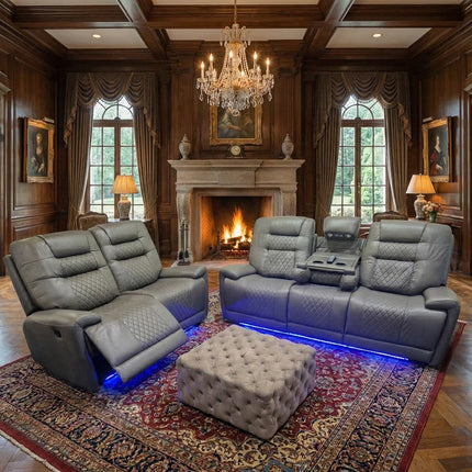 Halifax Leather Electric Recliner Sofa Set With Cupholders - 3+2 Seater Sofa 