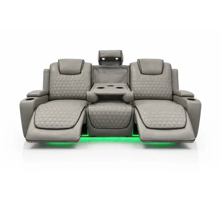 Malaga Leather Electric Recliner Sofa Set – 3+2 Seater with LED Lights, Bluetooth Speakers, USB & Type-C Charging and Wireless Charging (Grey, Black & Cream)