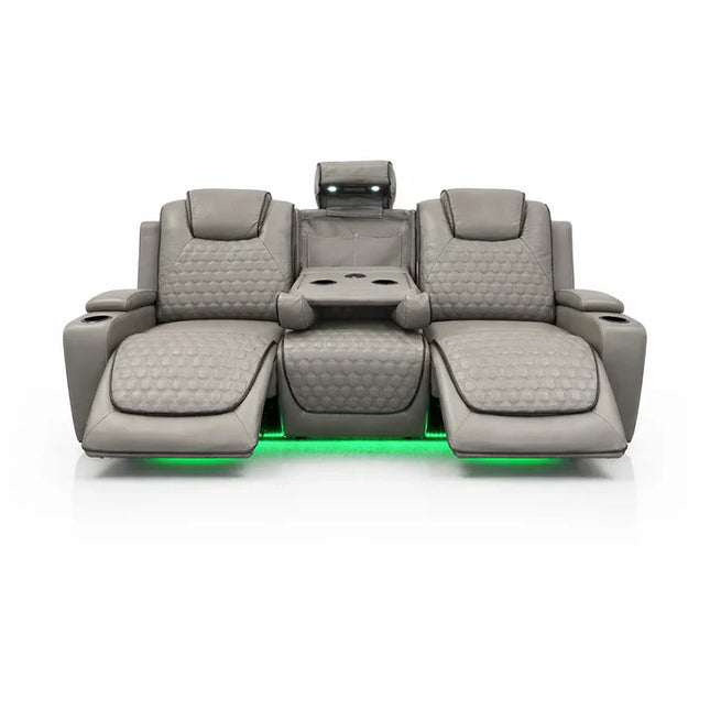 Malaga Leather Electric Recliner Sofa Set – 3+2 Seater with LED Lights, Bluetooth Speakers, USB & Type-C Charging and Wireless Charging (Grey, Black & Cream)