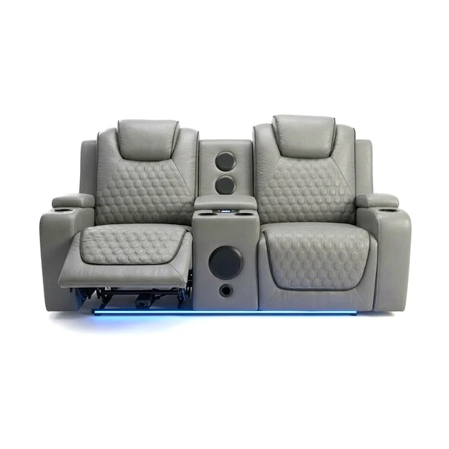 Malaga Leather Electric Recliner Sofa Set With Cupholders – 3+2 Seater Sofa Set – LED Lights – Bluetooth Speakers – USB and Type-C charging ports - Wireless Charging (Grey, 3+2 Seater)