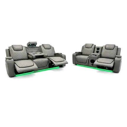 Malaga Leather Electric Recliner Sofa Set – 3+2 Seater with LED Lights, Bluetooth Speakers, USB & Type-C Charging and Wireless Charging (Grey, Black & Cream)