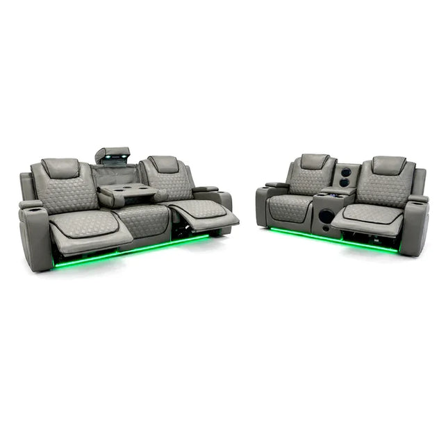 Malaga Leather Electric Recliner Sofa Set – 3+2 Seater with LED Lights, Bluetooth Speakers, USB & Type-C Charging and Wireless Charging (Grey, Black & Cream)