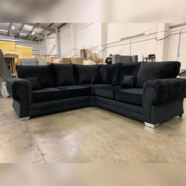 VERONA FULL BACK CORNER SOFA BLACK PLUSH VELVET - Envogue Furniture uk