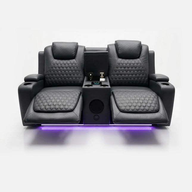 Malaga Leather Electric Recliner Sofa Set With Cupholders – 3+2 Seater Sofa Set – LED Lights – Bluetooth Speakers – USB and Type-C charging ports - Wireless Charging (Grey, 3+2 Seater)