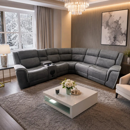Geneva Pro Fabric Electric Recliner Corner Sofa- Fabric Corner Sofa With Cooling Cup-Holders/LED Lights/Bluetooth Speakers