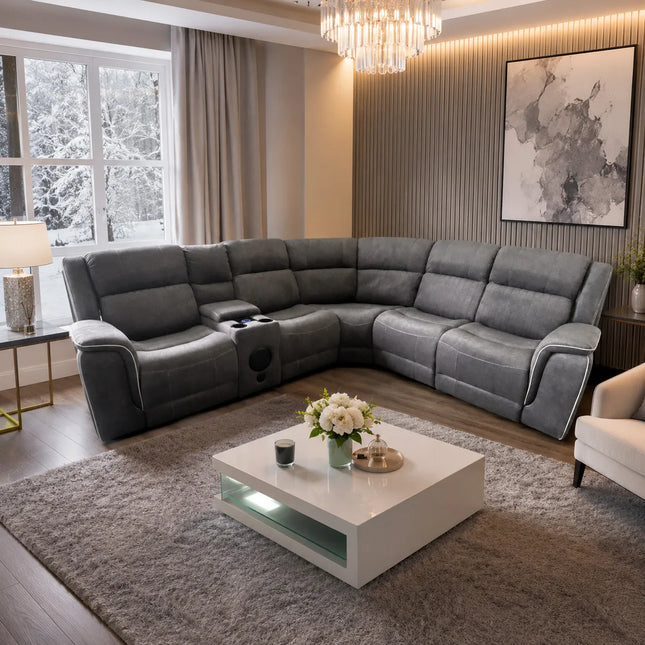 Geneva Pro Fabric Electric Recliner Corner Sofa- Fabric Corner Sofa With Cooling Cup-Holders/LED Lights/Bluetooth Speakers