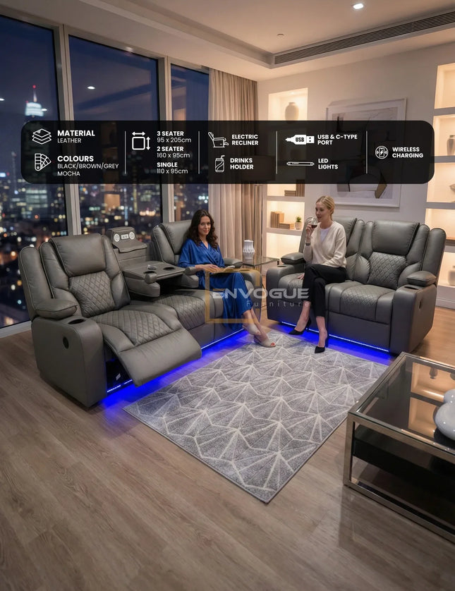 Orlando Leather Electric Recliners Sofa With Cupholders - 3+2 Seater Sofa/LED Lights/Wireless Charging/USB Charging Ports/Storage