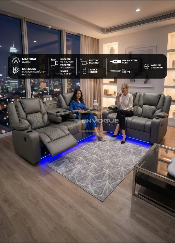 Orlando 3+2 Electric Recliner Sofa Set in Grey Leather
