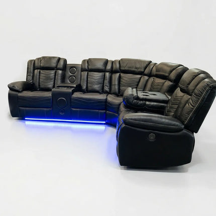 Michigan Zeus Leather Electric Recliners Corner Sofa With Cupholders (Black/Grey/Brown)- Bluetooth Speakers/LED Lights/USB Charging Ports/Storage
