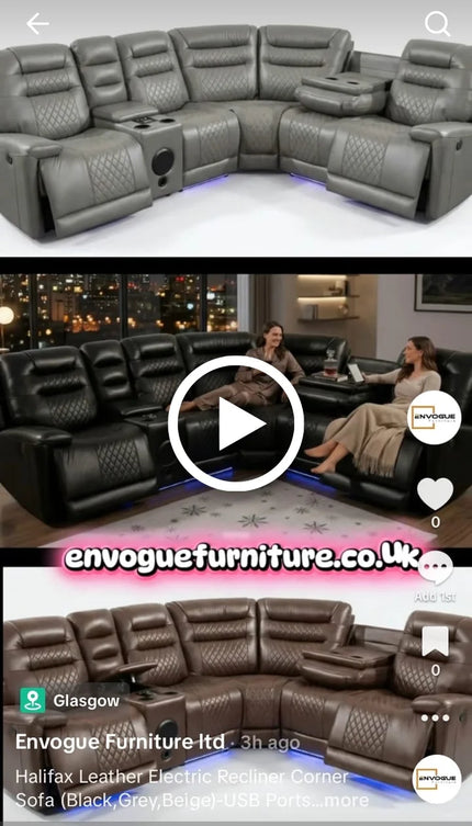<strong>Halifax Leather Electric Recliner Corner Sofa (Black,Grey,Beige)-USB Ports/LED LIGHTS/CUP HOLDERS</strong>