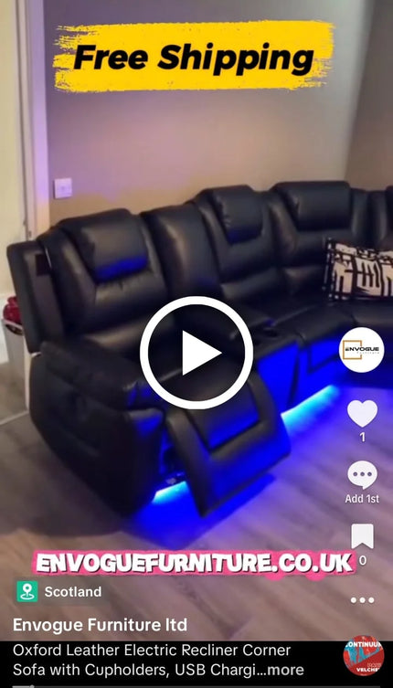<strong>Oxford Leather Electric Recliner Corner Sofa with Cupholders, USB Charging Ports, LED Lights – Leather Corner Sofa</strong>