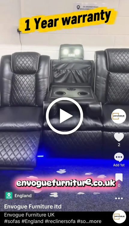 <strong>Malaga Leather Electric Recliner Sofa Set – 3+2 Seater with LED Lights, Bluetooth Speakers, USB & Type-C Charging and Wireless Charging (Grey, Black & Cream)</strong>