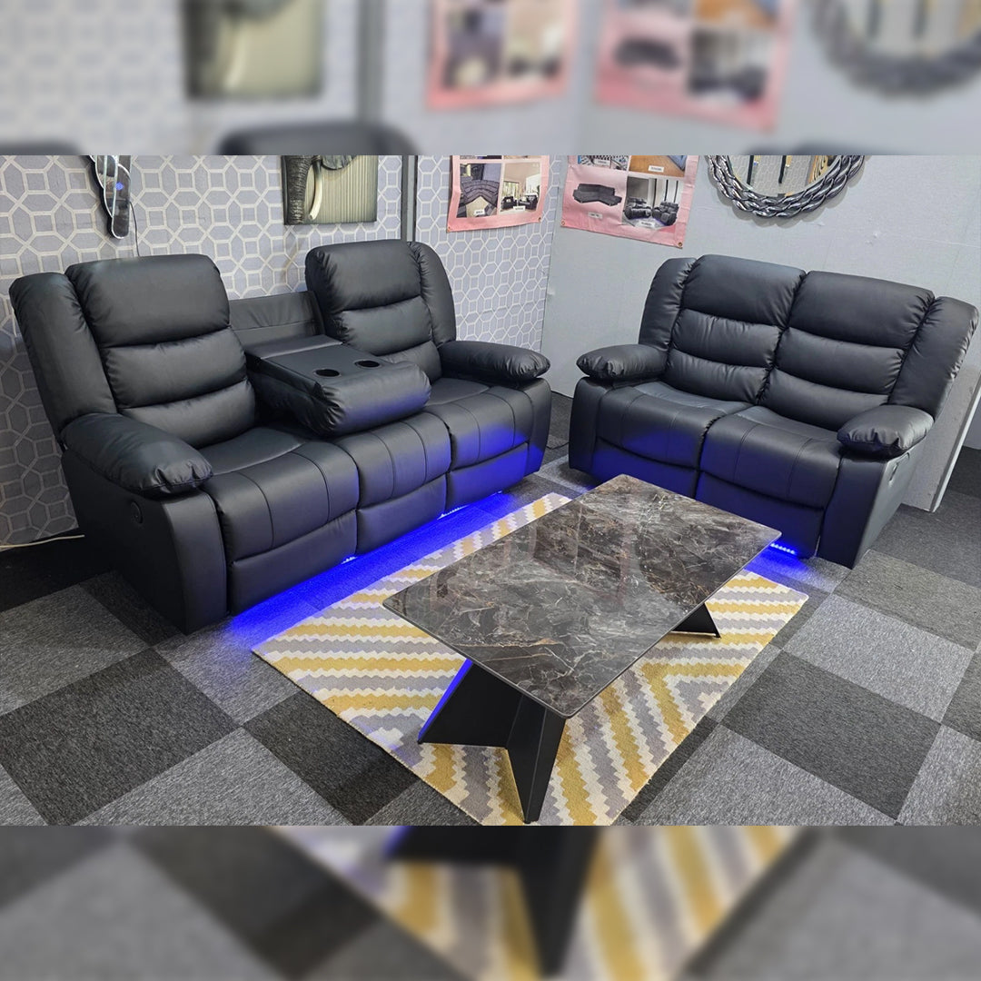Roma Leather Recliner Sofa 3+2-Seater With USB/LED/Cup Holder Black/Grey