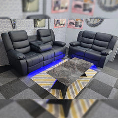 Roma Leather Recliner Sofa 3+2-Seater With USB/LED/Cup Holder Black/Grey