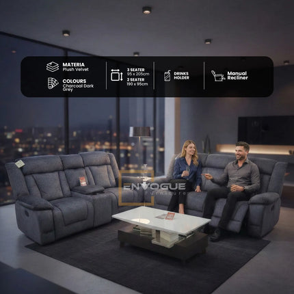Beunis Aire 3 + 2 Plush Velvet Charcoal Dark Grey Manual Recliner Sofa Set