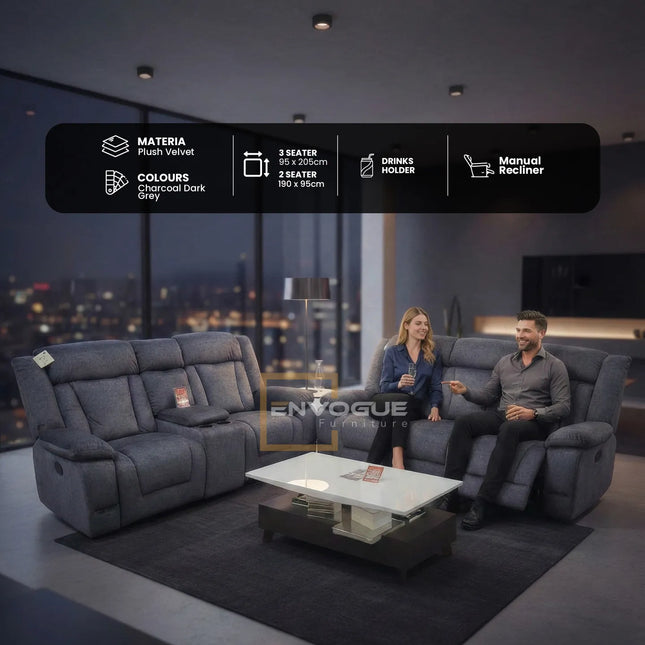 Beunis Aire 3 + 2 Plush Velvet Charcoal Dark Grey Manual Recliner Sofa Set