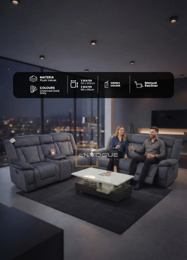 Beunis Aire 3 + 2 Plush Velvet Charcoal Dark Grey Manual Recliner Sofa Set
