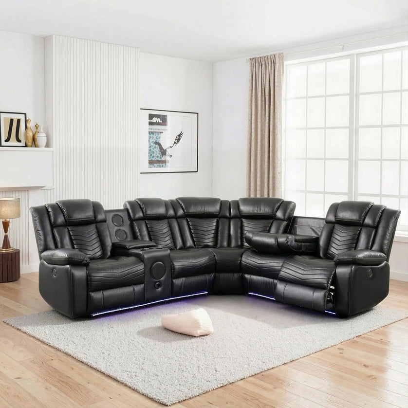 Zeus Leather Electric Recliners Corner Sofa With Cupholders (Black/Grey/Brown)- Bluetooth Speakers/LED Lights/USB Charging Ports/Storage