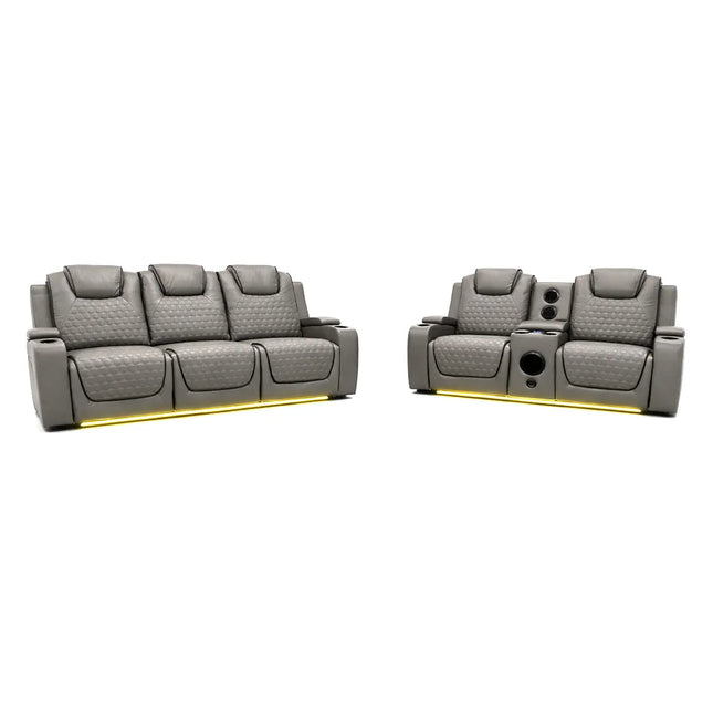 Malaga Leather Electric Recliner Sofa Set With Cupholders – 3+2 Seater Sofa Set – LED Lights – Bluetooth Speakers – USB and Type-C charging ports - Wireless Charging (Grey, 3+2 Seater)