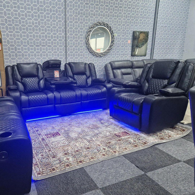 Orlando Electric Recliners 3+2 Seater Leather Sofa (Black, Grey) /LED LIGHTS/WIRELESS CHARGER - Envogue Furniture