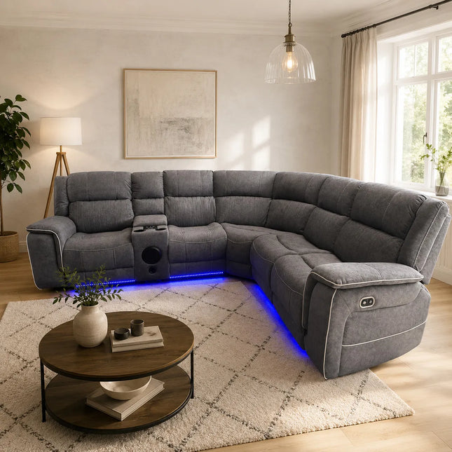Geneva Pro Fabric Electric Recliner Corner Sofa- Fabric Corner Sofa With Cooling Cup-Holders/LED Lights/Bluetooth Speakers