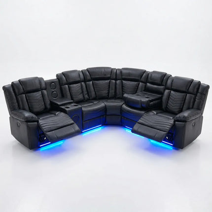 Zeus Leather Electric Recliners Corner Sofa With Cupholders - Bluetooth Speakers/LED Lights/USB Charging Ports/Storage