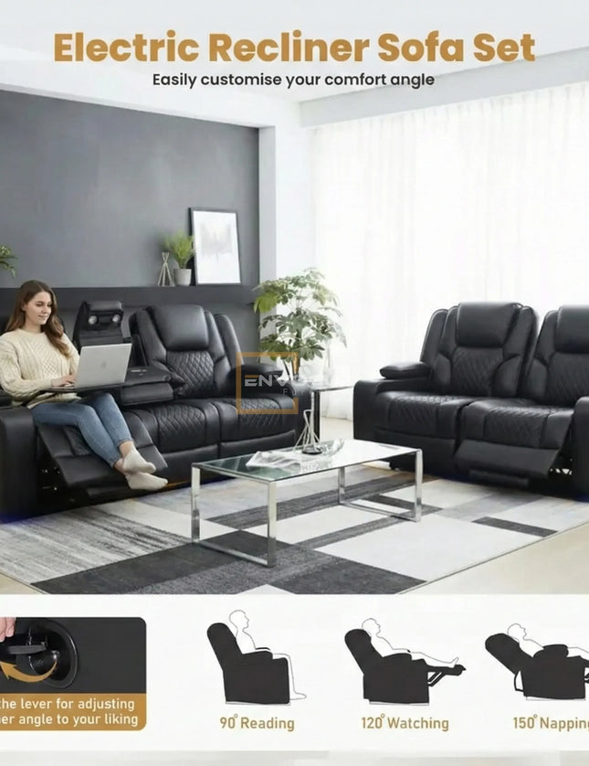 Orlando Leather Electric Recliners Sofa With Cupholders - 3+2 Seater Sofa/LED Lights/Wireless Charging/USB Charging Ports/Storage