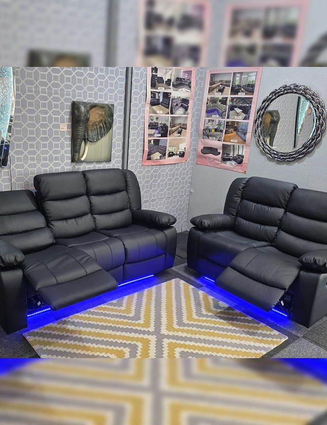 Madrid Leather Electric Recliner Sofa With Cupholders - Leather Sofa - 3+2 Seater - USB Charging Ports - LED Lights (Black, 3+2 Seater)
