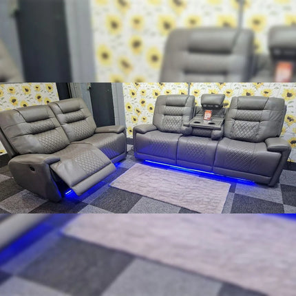 Halifax Leather Electric Recliner Sofa Set With Cupholders - 3+2 Seater Sofa - LED Lights - Wireless Charging - USB Charging Ports (Grey, Black & Brown 3+2 Seater)