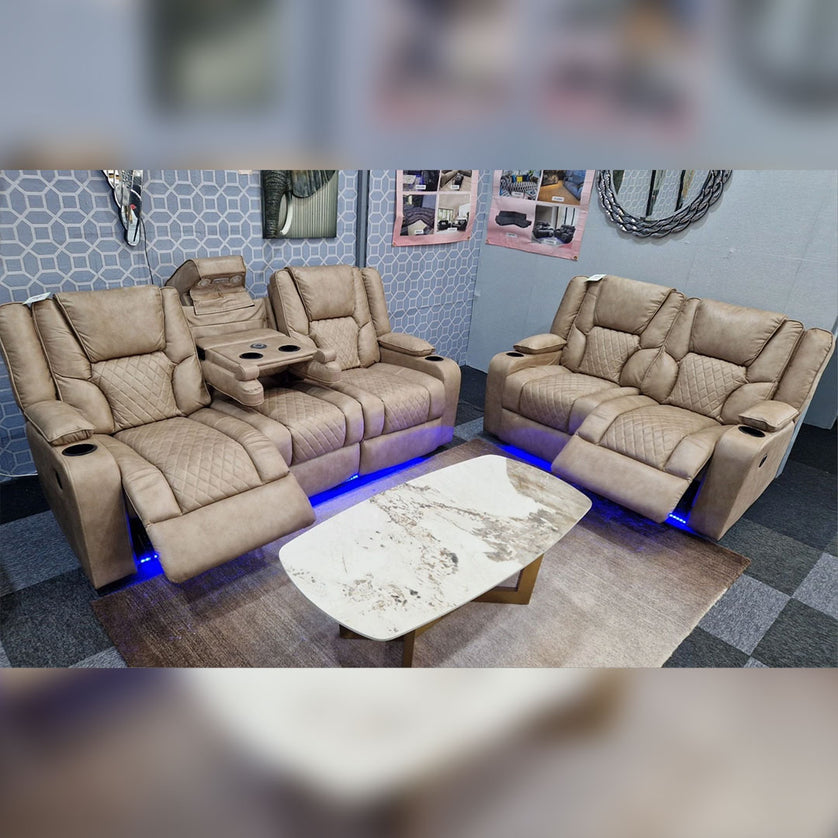 Orlando Electric Recliners 3+2 Seater Leather Sofa (Brown, Moche) /LED LIGHTS/WIRELESS CHARGER Envogue Furniture Limited