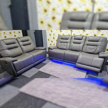 Halifax Leather Electric Recliner Sofa Set With Cupholders - 3+2 Seater Sofa - LED Lights - Wireless Charging - USB Charging Ports (Grey, Black & Brown 3+2 Seater)