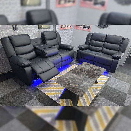 Roma Leather Recliner Sofa 3+2-Seater With USB/LED/Cup Holder Black/Grey Envogue Furniture Limited
