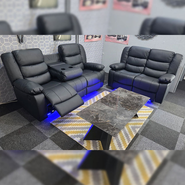 Roma Leather Recliner Sofa 3+2-Seater With USB/LED/Cup Holder Black/Grey Envogue Furniture Limited