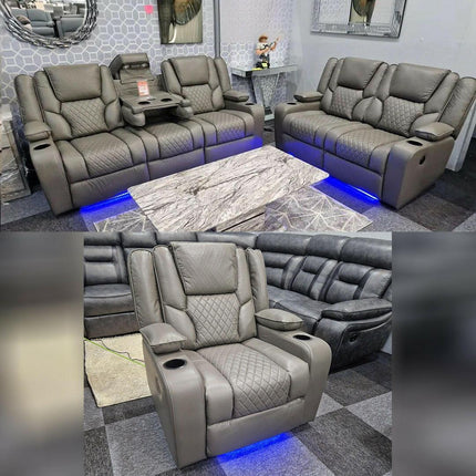 Orlando Electric Recliners 3+2 Seater Leather Sofa (Black, Grey) /LED LIGHTS/WIRELESS CHARGER - Envogue Furniture
