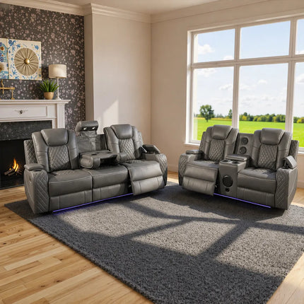 Emilay Leather Electric Recliner 3+2 Seater Sofa with Cooling Cupholders, Wireless Charging, LED Lights, USB-A & USB-C Ports (Black, Grey & Cream)