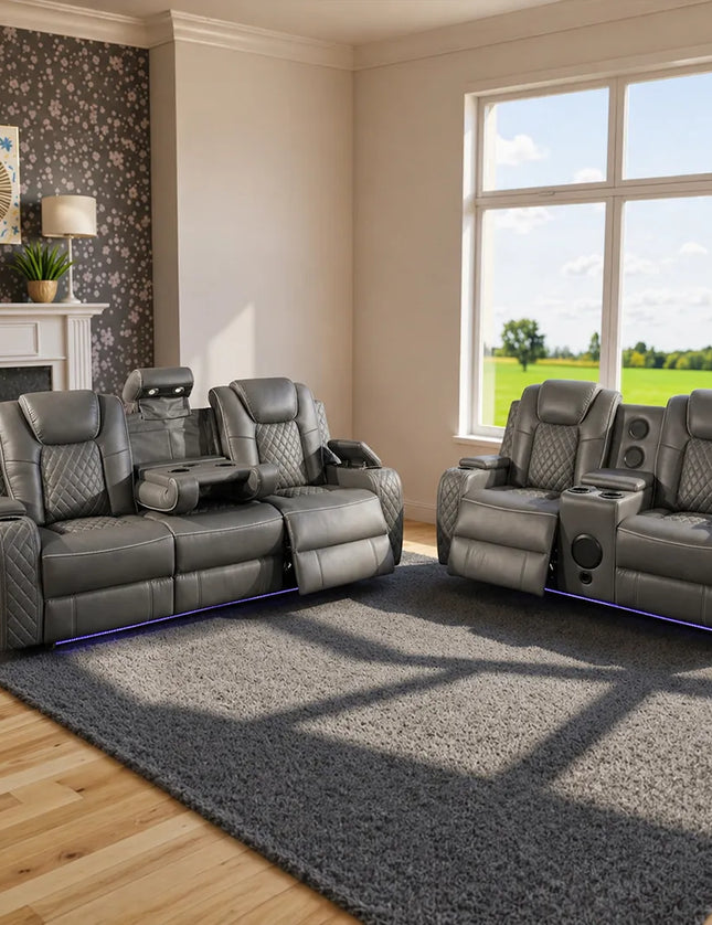 Emilay Leather Electric Recliner Sofa 3+2 Seater – Cooling Cupholders, Bluetooth Speakers, Wireless Charging, LED Lights & USB-A/USB-C | Black, Grey & Cream