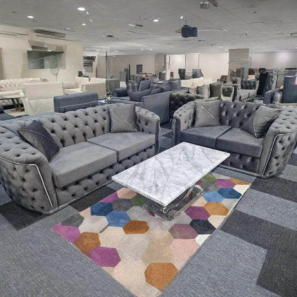 Toronto Chesterfield Sofa 3+2 Grey  & Silver - Envogue Furniture